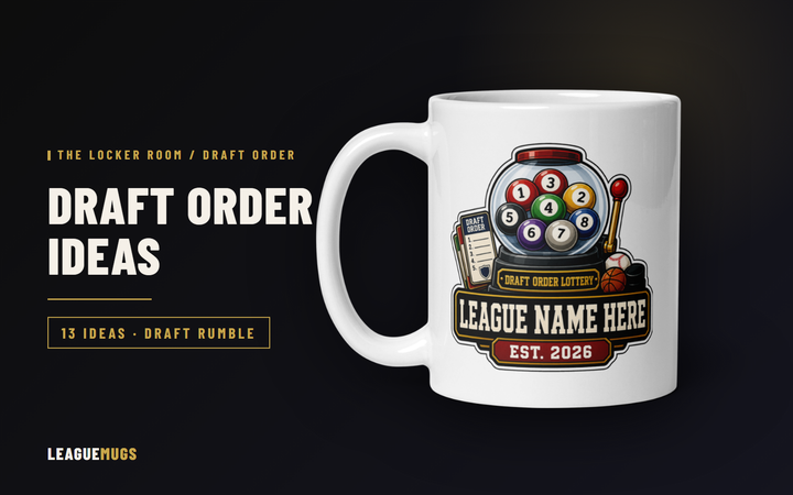 Fantasy draft order ideas with a Draft Order Lottery League Mugs mockup on a dark Locker Room hero
