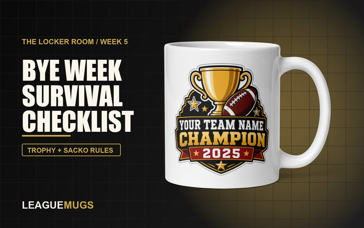 Week 5 bye week survival fantasy football trophy and punishment ideas with a League Mugs champion trophy mug