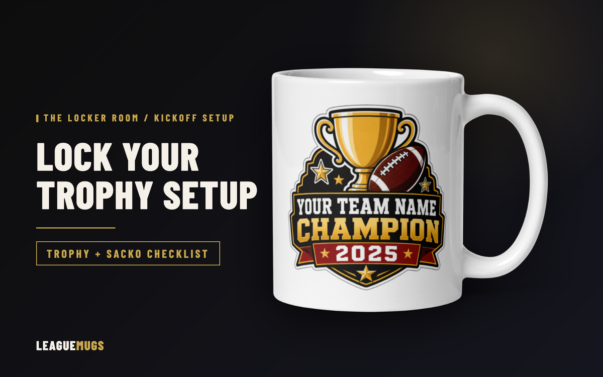 Fantasy football trophy and punishment setup checklist on a white LeagueMugs champion mug
