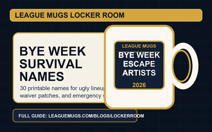 Bye Week Survival fantasy football team names League Mugs hero with Bye Week Escape Artists mug
