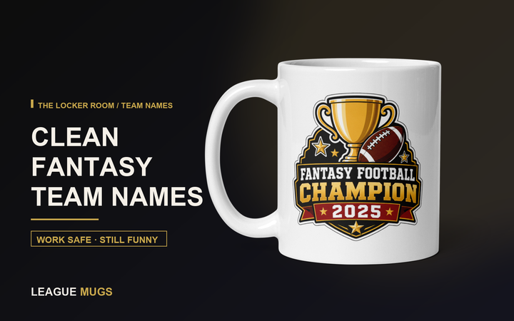 Clean fantasy football team names with a real League Mugs trophy football champion mug mockup
