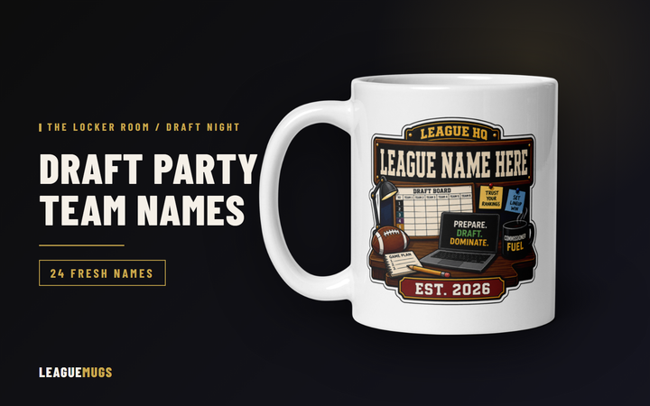 Draft party fantasy football team names with a League Mugs draft party mug on the dark Locker Room hero