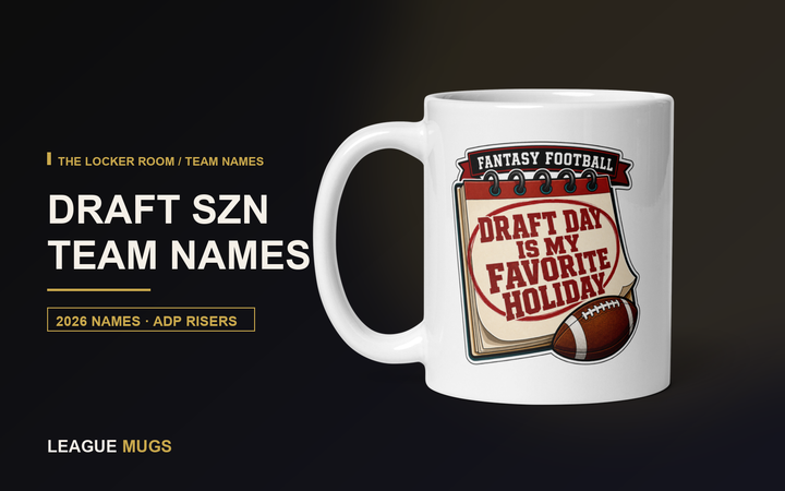 Draft SZN fantasy football team names with a real League Mugs Draft Day Is My Favorite Holiday mug mockup