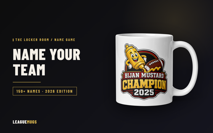 150+ fantasy football team names for 2026, with the Bijan Mustard champion mug