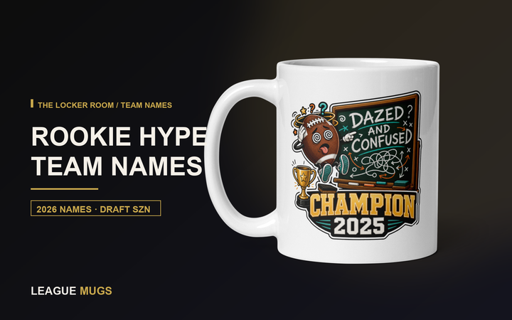 Rookie-Hype fantasy football team names with a real League Mugs football champion mug mockup