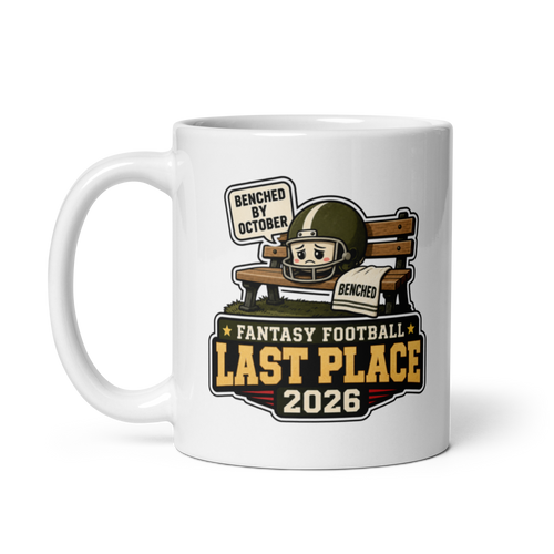 Benched By October Last Place personalized fantasy football loser mug, white glossy 11oz, handle on left