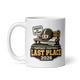Benched By October Last Place personalized fantasy football loser mug, white glossy 11oz, handle on left