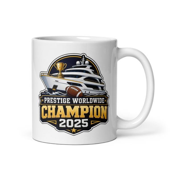 Prestige Worldwide Champion fantasy football mug 11oz, personalized team name side, handle on right