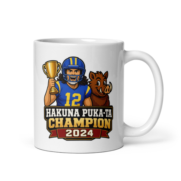 Hakuna Puka-ta Champion fantasy football mug 11oz, personalized team name side, handle on right