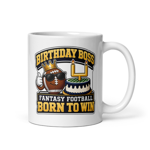 Birthday Boss fantasy football mug 11oz, handle on right