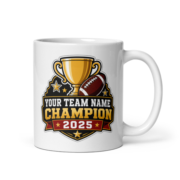 Trophy Football Champion fantasy football mug 11oz, personalized team name side, handle on right
