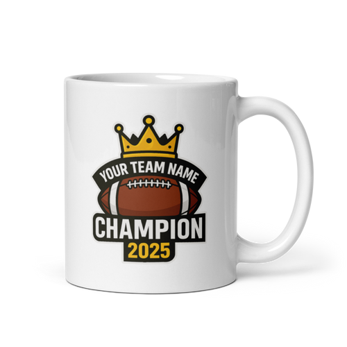 Crown Football Champion fantasy football mug 11oz, personalized team name side, handle on right