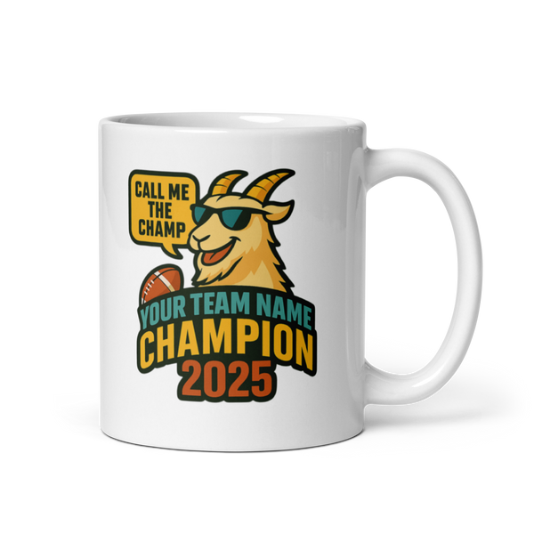 The G.O.A.T. Champion fantasy football mug 11oz, personalized team name side, handle on right