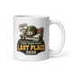 Benched By October Last Place personalized fantasy football loser mug, white glossy 11oz, personalized team name side, handle on right