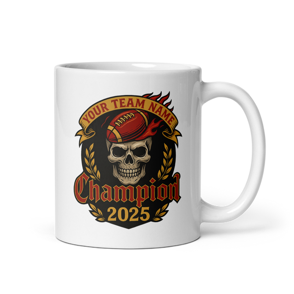 Skull Flames fantasy football champion mug 11oz, personalized with your team name, handle on right