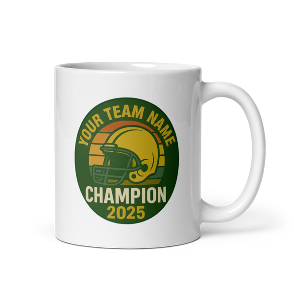 Green Helmet Retro Champion fantasy football mug 11oz, personalized team name side, handle on right