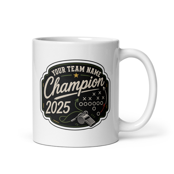 Whistle Vintage Champion fantasy football mug 11oz, personalized team name side, handle on right