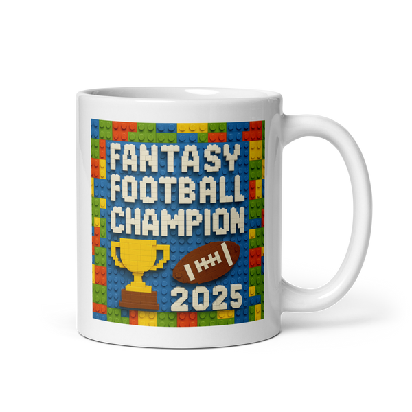 Building Block Champion fantasy football mug 11oz, handle on right