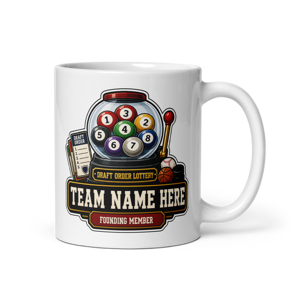 Draft Order Lottery fantasy football league mug 11oz, team name side, handle on right