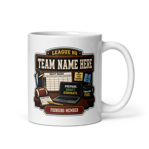 League Headquarters fantasy football league mug 11oz, team name side, handle on right