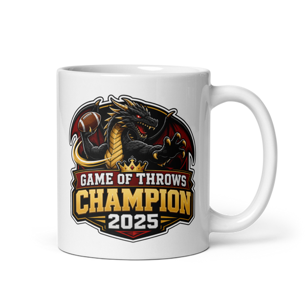 Game of Throws fantasy football champion mug 11oz, personalized team name side, handle on right