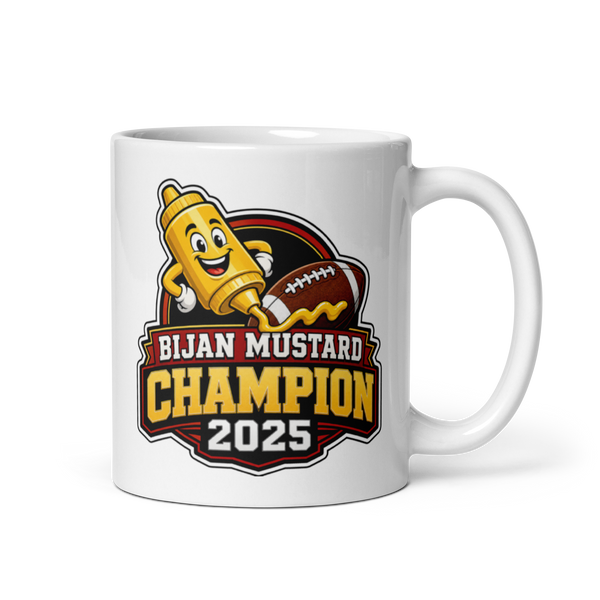 Bijan Mustard football mug 11oz, personalized team name side, handle on right