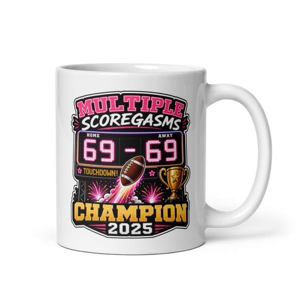Multiple Scoregasms Champion football mug 11oz, personalized team name side, handle on right
