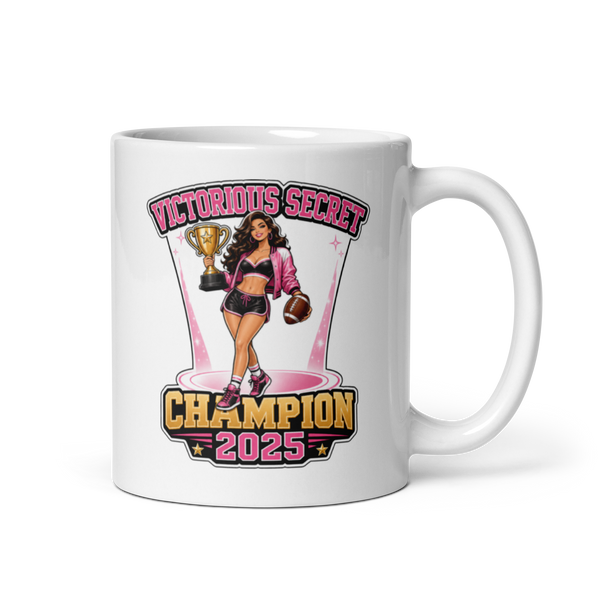 Victorious Secret Champion football mug 11oz, personalized team name side, handle on right