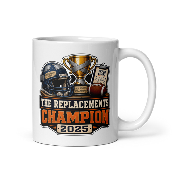 The Replacements Champion football mug 11oz, personalized team name side, handle on right