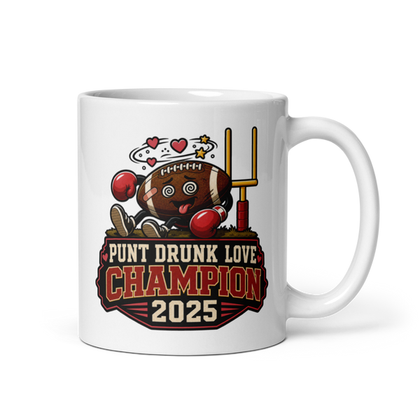 Punt Drunk Love football mug 11oz, personalized team name side, handle on right