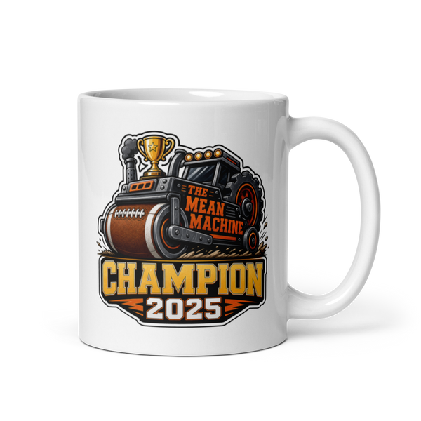 The Mean Machine football mug 11oz, personalized team name side, handle on right