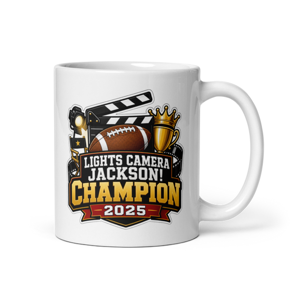 Lights Camera Jackson football mug 11oz, personalized team name side, handle on right