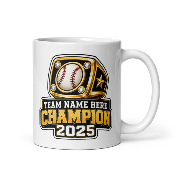 Championship Ring Fantasy Baseball Mug 11oz, personalized team name side, handle on right
