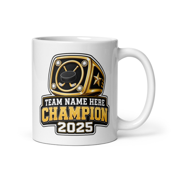 Championship Ring Fantasy Hockey Mug 11oz, personalized team name side, handle on right