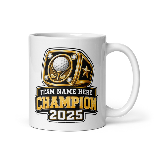 Championship Ring Fantasy Golf Mug 11oz, personalized team name side, handle on right
