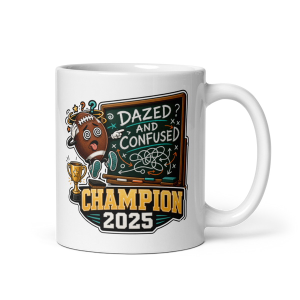 Dazed and Confused fantasy football champion mug 11oz, personalized team name side, handle on right