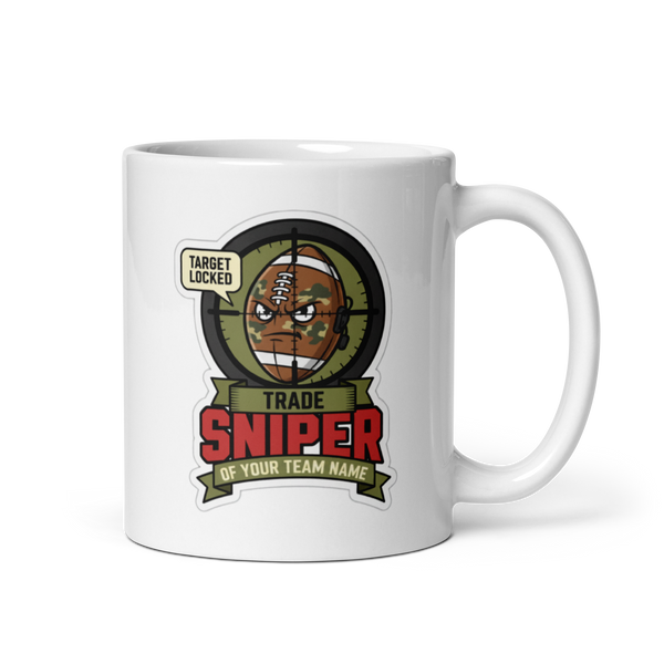 Trade Sniper fantasy football mug 11oz, personalized team name side, handle on right