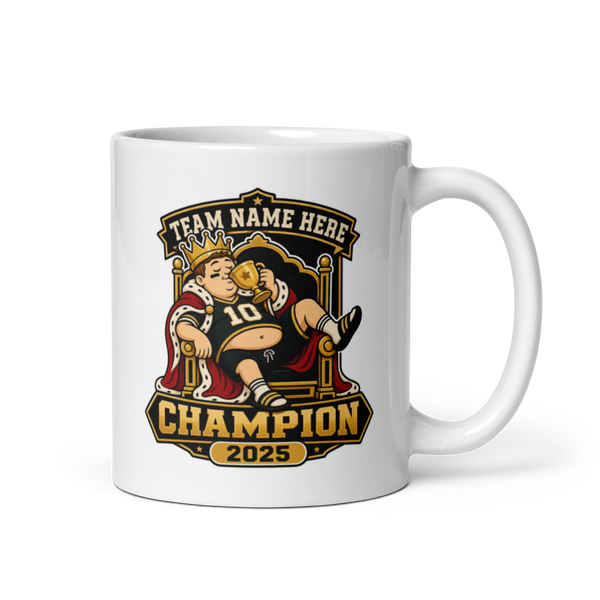 Fantasy Football Champion throne trophy mug 11oz, personalized team name side, handle on right