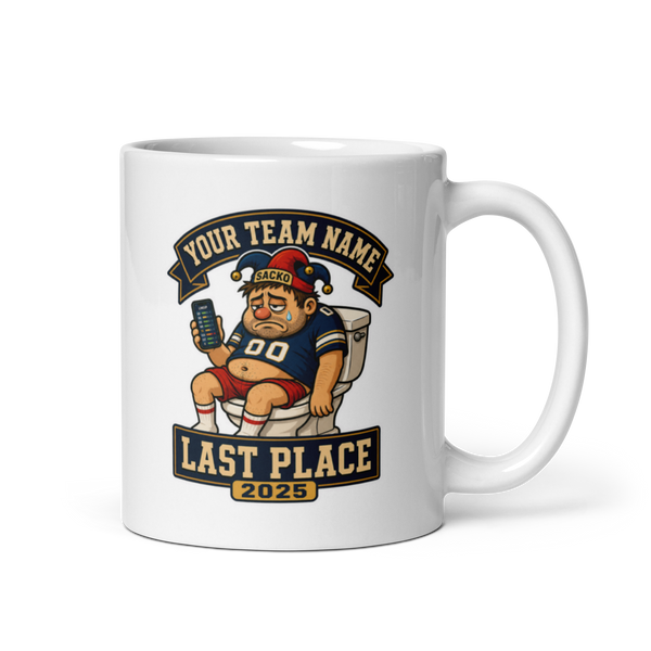 Toilet Throne Last Place fantasy football mug 11oz, personalized team name side, handle on right