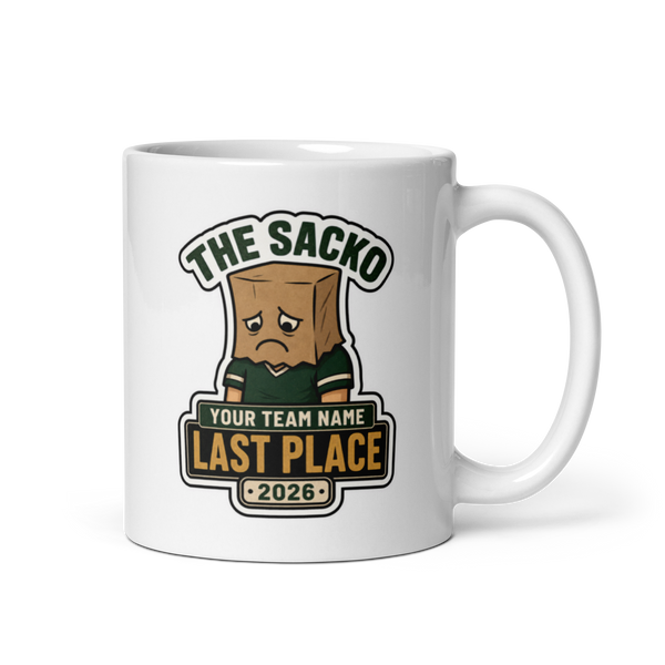The Sacko Bag Last Place fantasy football mug 11oz, personalized team name side, handle on right