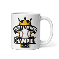 Crown Baseball Champion Mug, Personalized Fantasy Baseball Trophy Gift, Custom Team Name, 11oz & 15oz White Ceramic