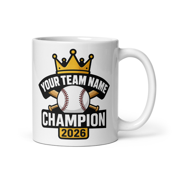 Crown Baseball Champion personalized 11oz white mug, personalized team name side, handle on right