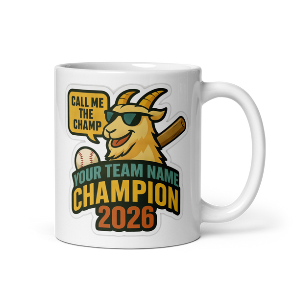 Baseball GOAT Champion personalized 11oz white mug, personalized team name side, handle on right
