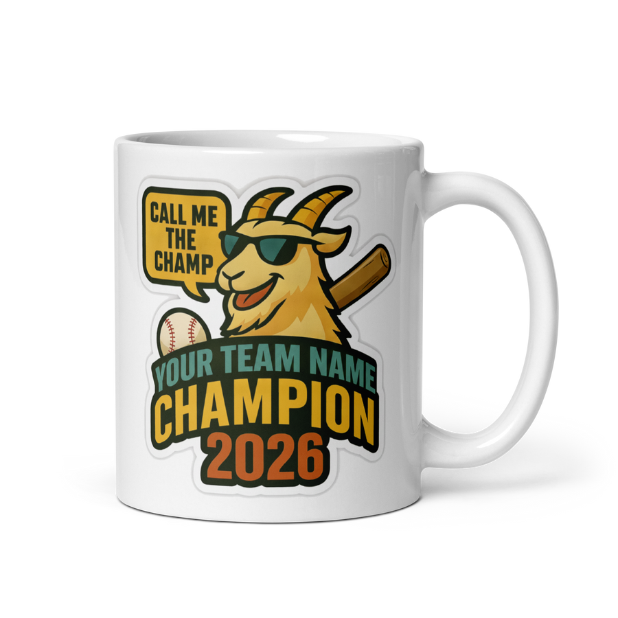 Baseball GOAT Champion Mug, Personalized Fantasy Baseball Trophy Gift, Custom Team Name, 11oz & 15oz White Ceramic