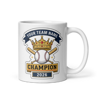 Crowned Baseball Champion Mug, Personalized Fantasy Baseball Trophy Gift, Custom Team Name, 11oz & 15oz White Ceramic