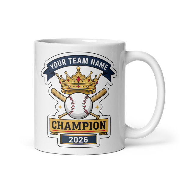 Crowned Baseball Champion personalized 11oz white mug, personalized team name side, handle on right