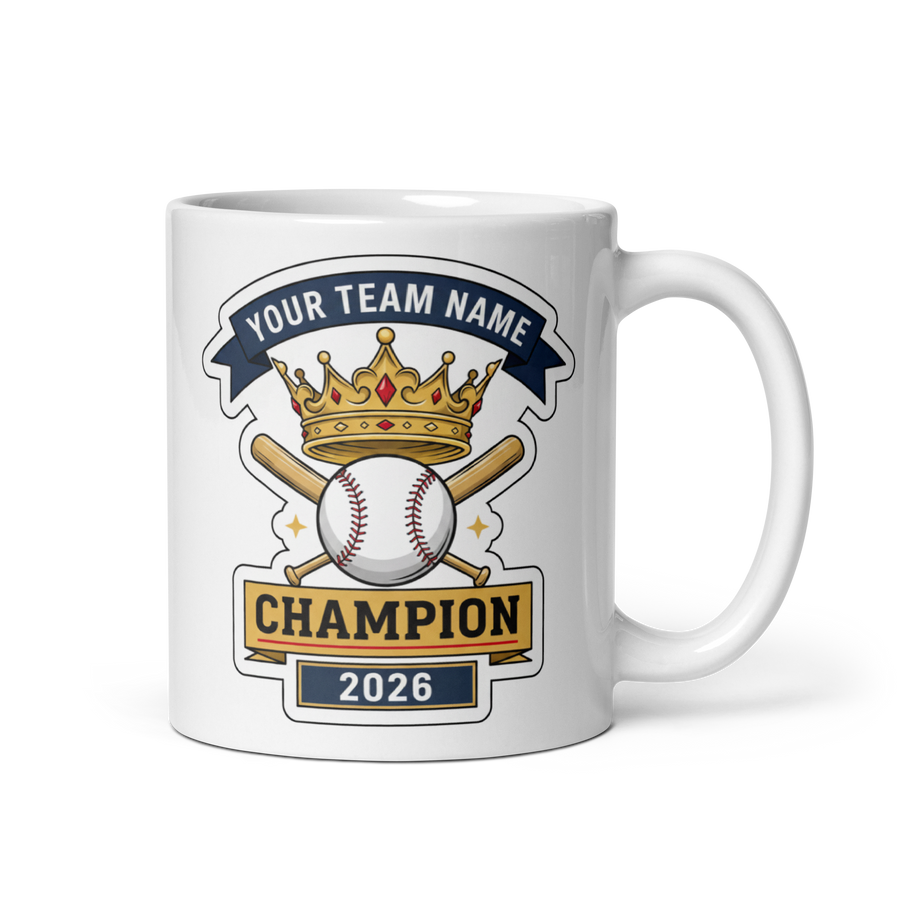 Crowned Baseball Champion Mug, Personalized Fantasy Baseball Trophy Gift, Custom Team Name, 11oz & 15oz White Ceramic