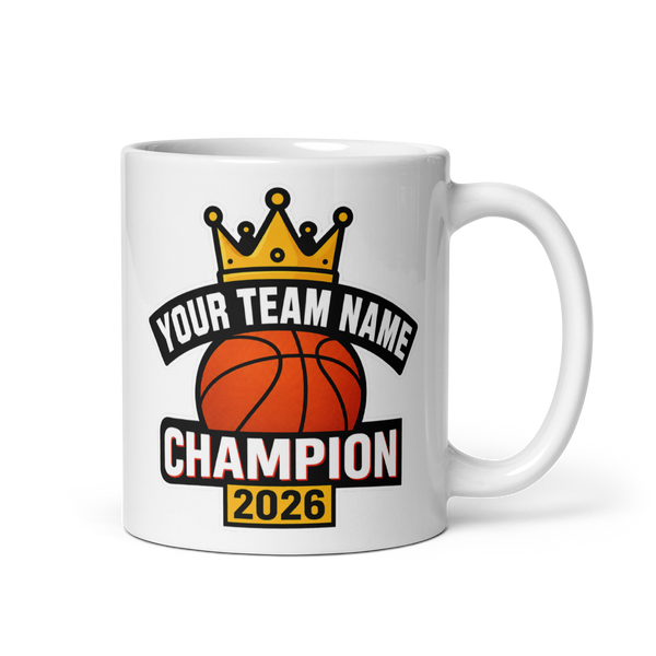 Crown Basketball Champion personalized 11oz white mug, personalized team name side, handle on right