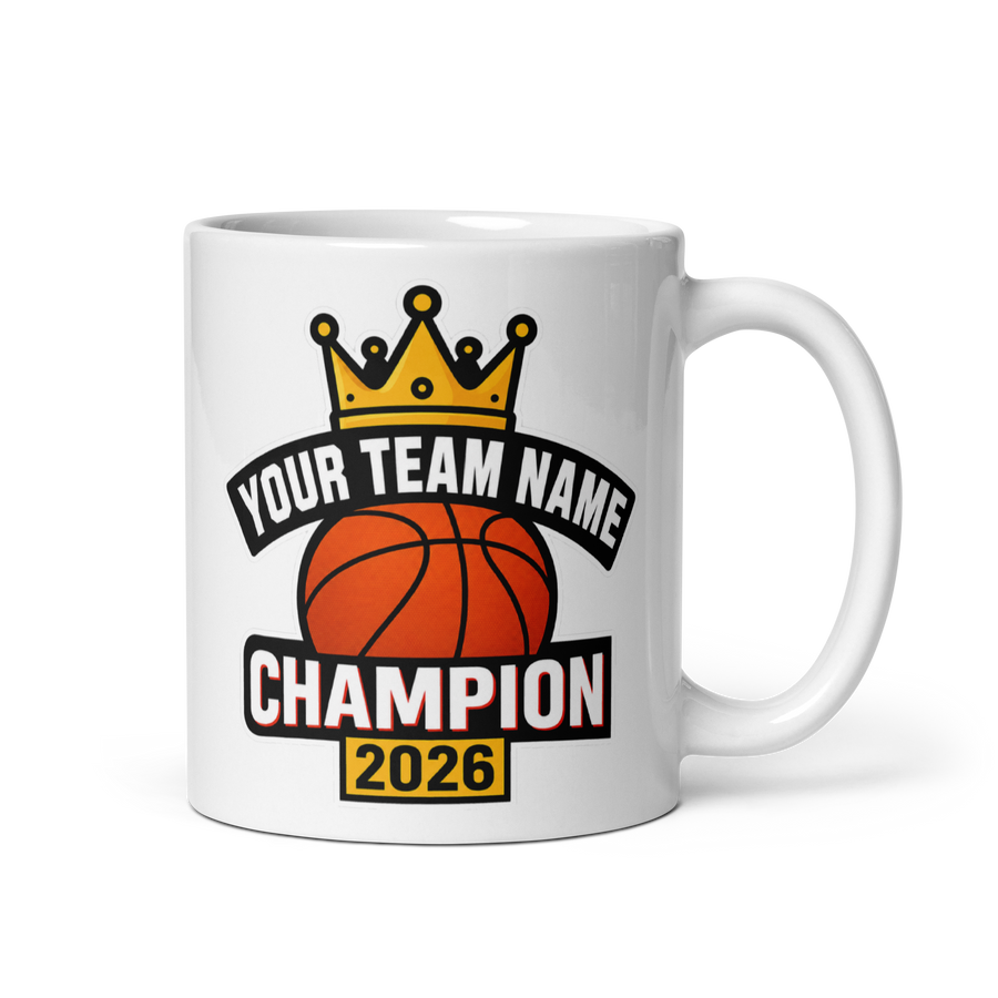 Crown Basketball Champion Mug, Personalized Fantasy Basketball Trophy Gift, Custom Team Name, 11oz & 15oz White Ceramic