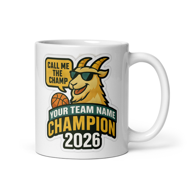 Basketball GOAT Champion personalized 11oz white mug, personalized team name side, handle on right